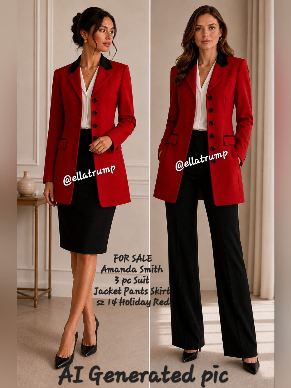 Amanda Smith 3 pc Suit Jacket Pants Skirt sz 14 Holiday Red